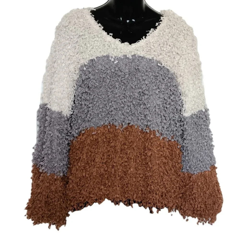 Blu Pepper Fringe Shag Long Sleeve Top Sweater Cream Gray Brown Small